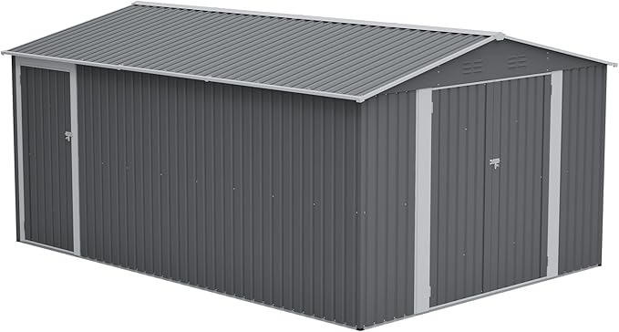 10x14 FT Shed Outdoor Storage Metal Large Garden Tool Sheds with 3 Lockable Doors Floor Frame Gable Roof Waterproof Steel Utility Equipment Sheds for Backyard Patio Lawn Poolside, Grey