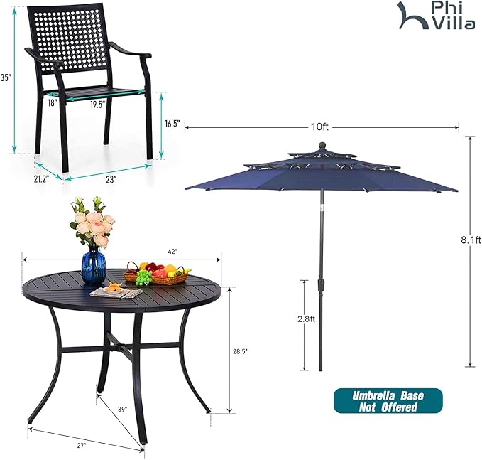 PHI VILLA 5 Pieces Patio Dining Set with 10ft Patio Umbrella, Metal Patio Circle Table Outdoor Stackable Wrought Iron Chair Set of 4 & 42" Large Round Dining Table,3 Tier Vented Dark Blue Umbrella