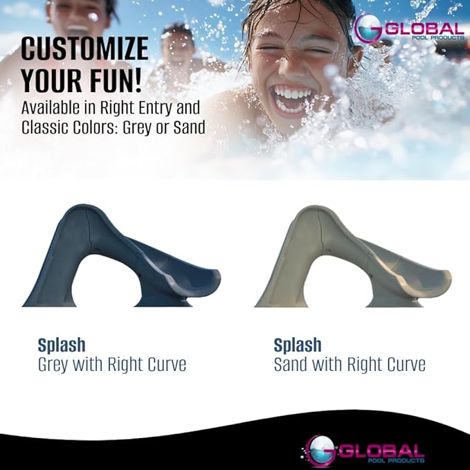 Global Pool Products Splash Inground Swimming Pool Water Slide Deck Mounted Right Curve Turn Grey GPPSSP-Grey-R