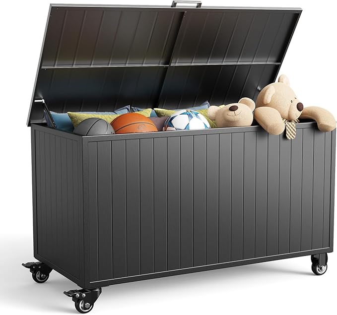 150 Gallon Outdoor Storage Box with Wheels, Metal Deck Box Waterproof, UV Resistant Patio Storage Box with Lid for Patio Furniture, Garden Tools, Outdoor Cushion (Charcoal)