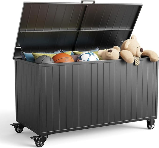 150 Gallon Outdoor Storage Box with Wheels, Metal Deck Box Waterproof, UV Resistant Patio Storage Box with Lid for Patio Furniture, Garden Tools, Outdoor Cushion (Charcoal)
