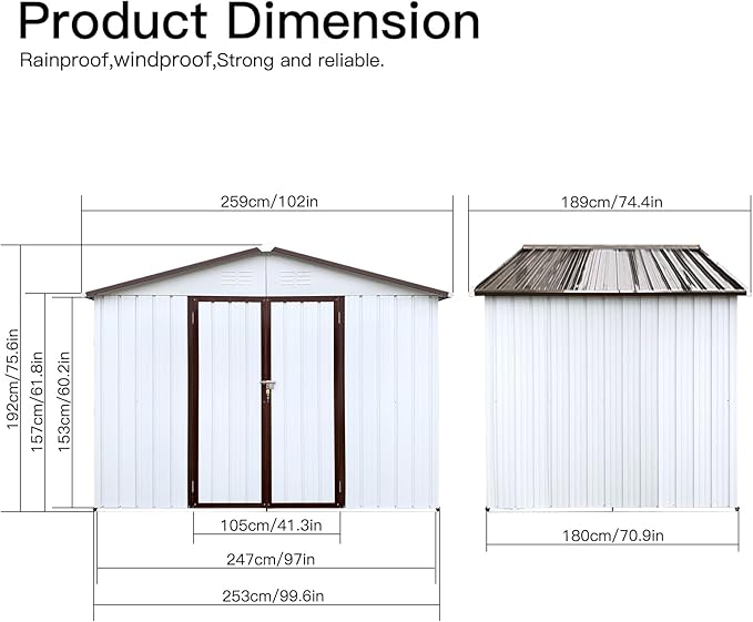 8 x 6 FT Metal Outdoor Storage Shed & Double Hinged Large Door - Heavy-Duty Shed with Floor, Lockable & Ventilation - Rainproof Windproof Large Utility Garden Shed for Backyard Patio Lawn - Brown