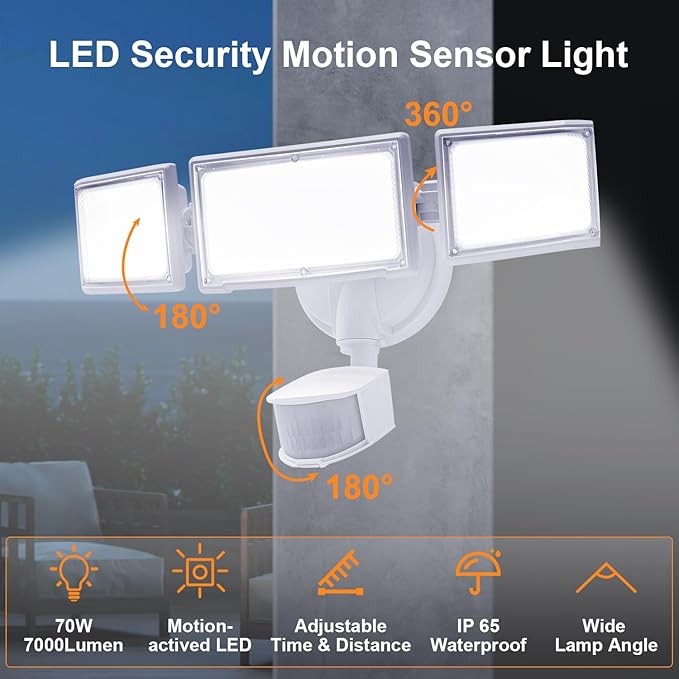 70W LED Security Lights with Motion Sensor Outdoor, 7000 Lumen Super Bright, 3000K/5000K Light, IP65 Waterproof, Dusk to Dawn, 3 Heads Motion Detected Flood Light Garage Yard Porch (White)