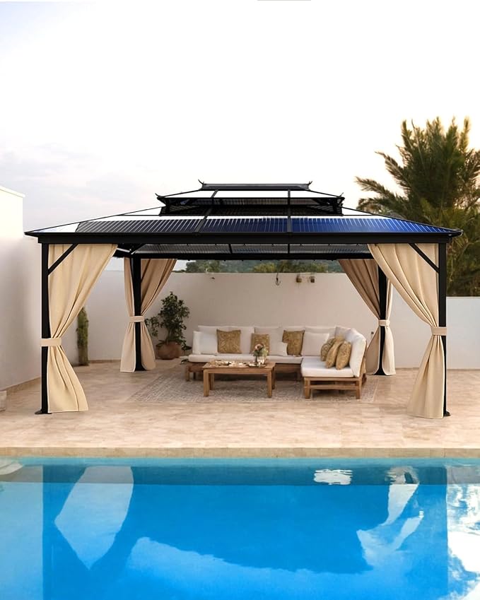 GAOMON Hardtop Gazebo 10'x13', with Double Polycarbonate Roof, Aluminum Alloy Frame, Net, and Curtain, Permanent Building of Backyard Luxury, for Patio, Deck, Backyard, Lawn, and Garden, Gray