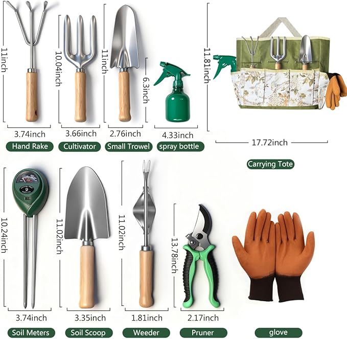 10-Piece Premium Gardening Tools Set-Duty Stainless Steel Rust-Proof Tools with Storage Tote,Perfect Gardening Gifts,Gardening Supplies Set with Hygrometer Suitable for Both Men and Women(Green)