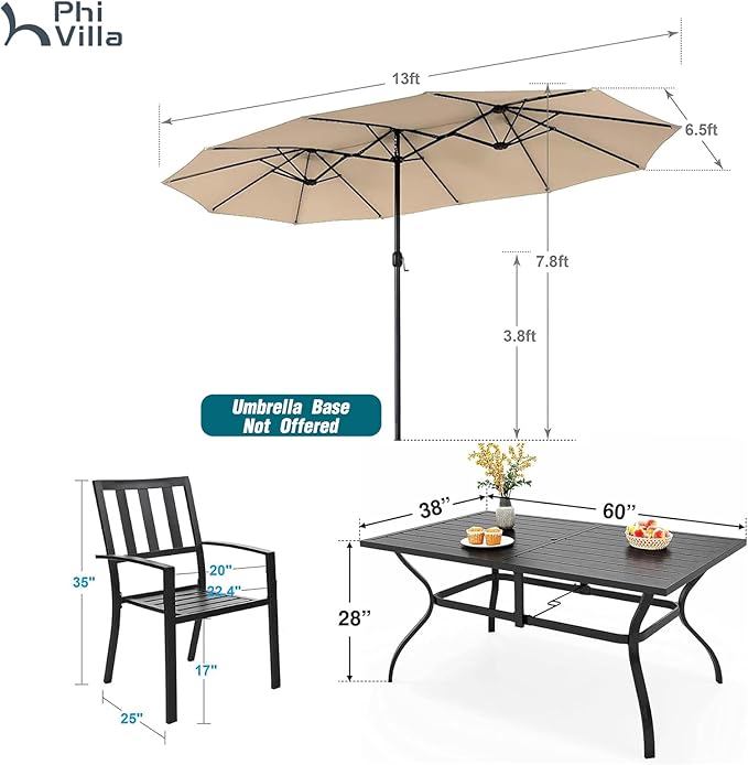 PHI VILLA 7 Piece Patio Dining Set with Umbrella, 60” Rectangular Metal Dining Table & 6 Stackable Metal Chairs & 13ft Large Beige Umbrella for Outdoor, Deck, Yard, Porch