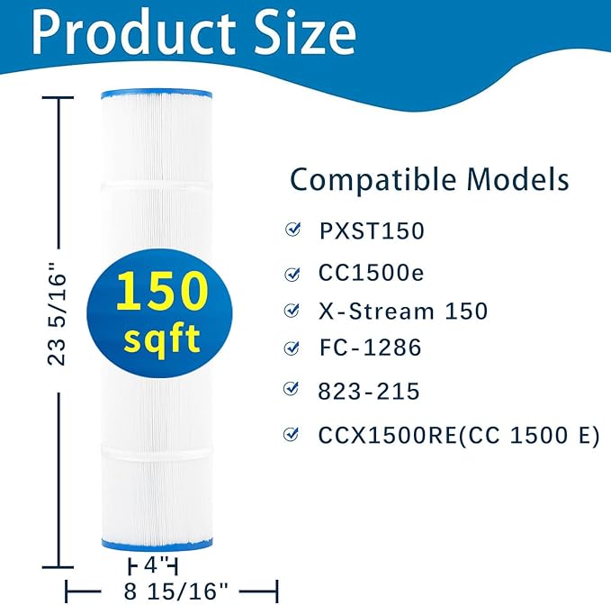 Savener® C-8316 Pool Filter Cartridge, Replaces Hayward CCX1500RE, X-Stream 150, CCX1500-RE, X-Stream CC1500, PLFPXST150, PXST150, FC-1286, HF8316-01, 817-0150n, 817-0150P, 150 Sq. Ft, 1 Pack