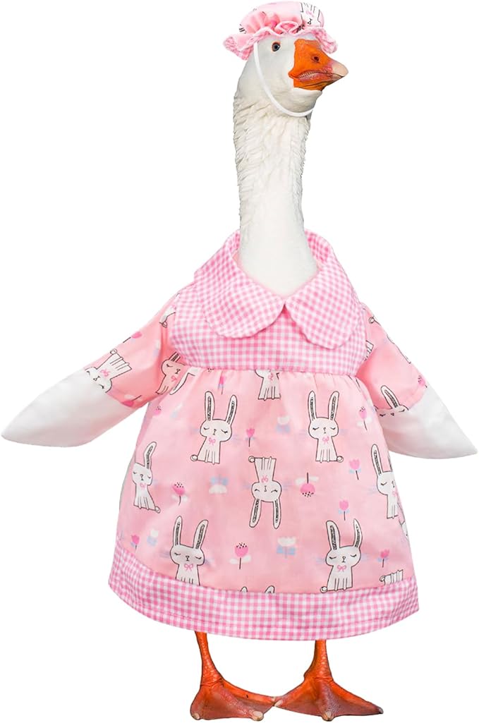 Porch Goose Outfits Cute Pink Rabbit Print, Porch Statue Goose Clothes with Hat for 23" Cement/Plastic Lawn Geese Statue Outdoor Patio Yard Lawn Art Decor Garden