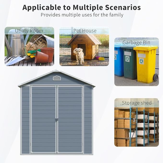8 x 6 FT Outdoor Storage Shed with Window, Outside Garden Resin Sheds w/Floor and Lockable Doors, Waterproof Plastic Tool House for Backyard, Garden, Patio, Lawn, Bike Accessories, Grey