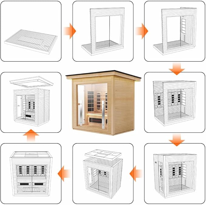 4-Person Far Infrared & Steam Dual-System Sauna Room, Outdoor Canadian Hemlock Wood Sauna, WiFi Control, Red Light Therapy, 14 Heaters& Electric Stove, Left Door, 220-240V