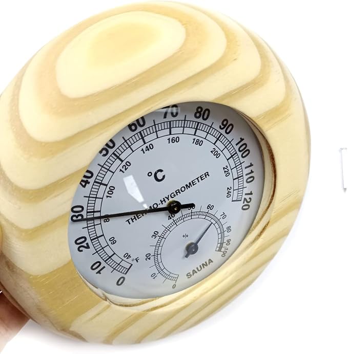HJJKKH Sauna Thermometer Hygrometer,2 in 1 Indoor Wooden Sauna Fahrenheit Hygrothermograph for Sauna Room Humidity Temperature Measurement,Sauna Accessories (Pine-Round)
