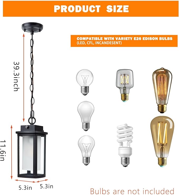 JYZ Dusk to Dawn Outdoor Hanging Light, Exterior Pendant Lantern Dusk Till Dawn, Modern Contemporary Indoor Outdoor Chandelier Lamp Ceiling Mount for Front Porch Gazebo Patio Garden Pergola