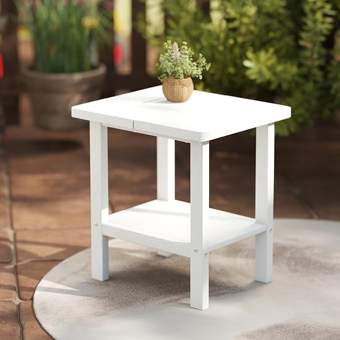 Kingdura Adirondack Outdoor Side Table, 16 x 13 Inches HDPE Plastic Outside End Tables for Patio Pool Porch Backyard Indoor, 2 Tiers Storage Shelf, All Weather Resistant, Easy Maintenance (White)