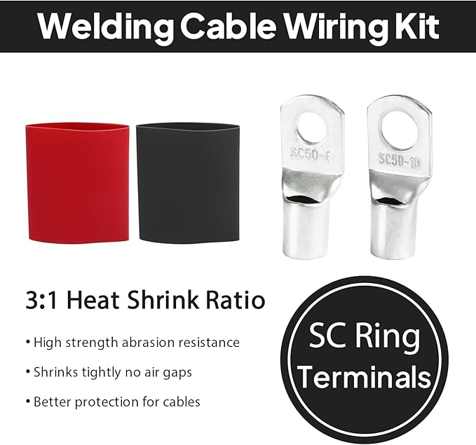 2 Gauge Battery Power Cable (25 Feet Black, 25 Feet Red) - 2 AWG Copper Clad Welding Wire with M8 & M10 SC Connector Lugs for Car, Camper, RV, Solar Low Voltage Wiring