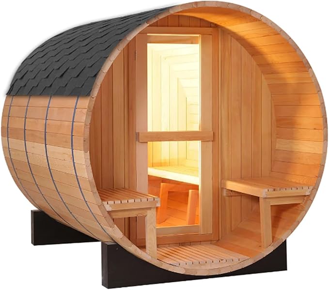 Outdoor Panoramic Glass Barrel Sauna, Red Cedar Traditional Steam Sauna Room with 6KW ETL TOULE Heater, 220V, Rocks, Water Bucket, Ladle, 8mm Tempered Glass, Bitumen Roof, Front Porch, 6-8 People Use