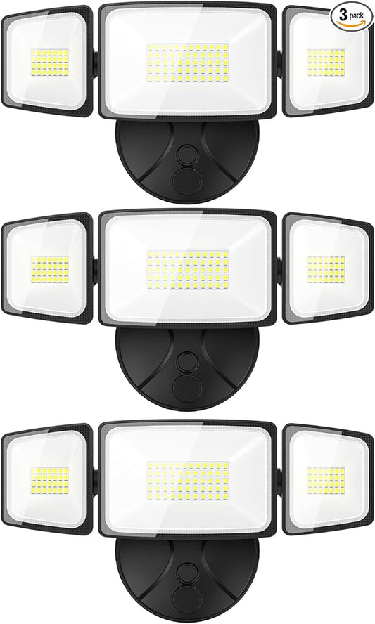 Onforu 3 Packs 60W Flood Lights Outdoor, 6000LM Brightness Security Lights,Switch Controlled, IP65 Waterproof, 6500K Exterior LED Flood Light with 3 Adjustable Heads for Yard Home
