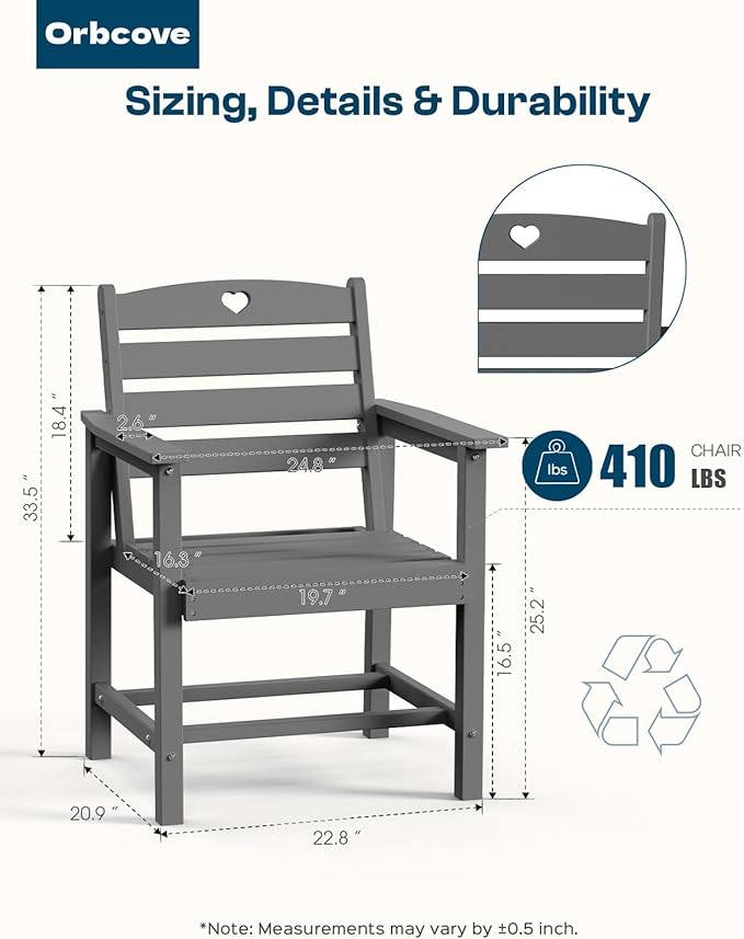 HDPE 2-Piece Outdoor Dining Chairs, Weather-Resistant Heart-Cutout Design Patio Dining Chairs, Outdoor Furniture for Lawn, Patio, Porch, Deck, Poolside, Yard (Grey)