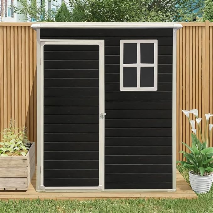 5x3 FT Resin Outdoor Storage Shed with Floor, Waterproof Heavy-Duty Plastic Garden Sheds w/Window and Lockable Door, Outside Tool Shed for Backyard, Patio, Lawn, Bike, Toys, Black