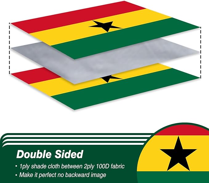 Ghana Ghanaian Flag 3x5 ft Outdoor, Double Sided 3 Ply Heavy Duty National Flag for GH, 100% Quality Polyester Ghanaian Banner with Brass Grommets 4 Rows Stitches