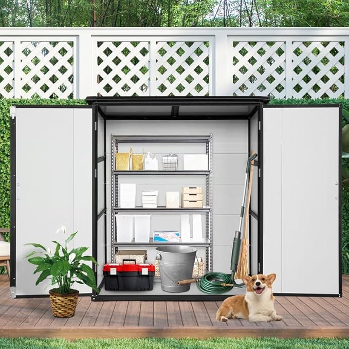 5x3 FT Resin Outdoor Storage Shed with Floor, Waterproof Resin Cabinet with Lockable Door, Outside Plastic Tool Garden Sheds for Backyard Lawn Patio Furniture, Bikes, Accessories, Black