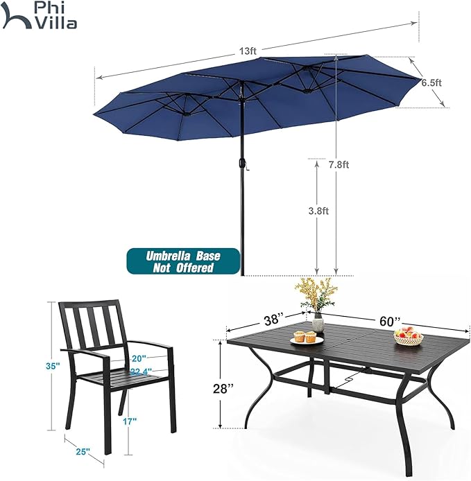 PHI VILLA 7 Piece Patio Dining Set with Umbrella, 60” Rectangular Metal Dining Table & 6 Stackable Metal Chairs & 13ft Large Navy Umbrella for Outdoor, Deck, Yard, Porch
