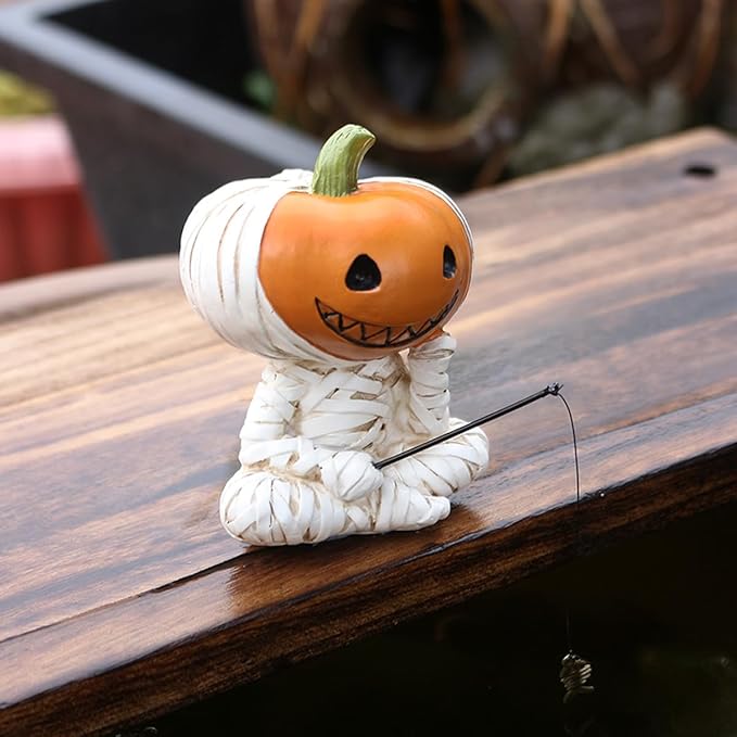 Fishing Pumpkin Head Mummy Statue Funny Halloween Decorations, 3.15 Inch Cute Sitting Figurine Shelf Sitter Resin Sculpture for Outdoor Garden Yard Lawn Pond Waterfalls Pool Ornaments