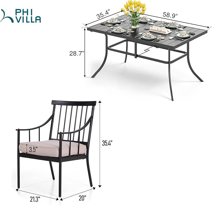 PHI VILLA 7 Piece Patio Dining Table Set with Cushion, Large Rectangular Metal Dining Table with Umbrella Hole & 6 Cushioned Iron Chairs for Outdoor, Deck, Yard