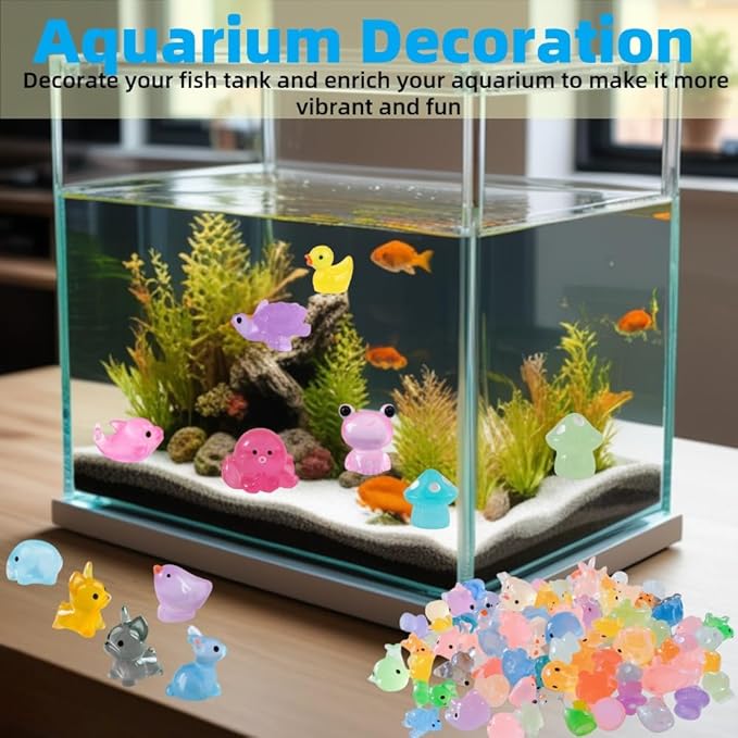 100 Pcs Luminous Mini Resin Animals, Tiny Miniature Sea Animal Figurines Glow in Dark for Crafts Landscape Miniature Garden Decor Accessories, Small Duck Frog Dog Turtle 10 Combinations to Hide Bulk