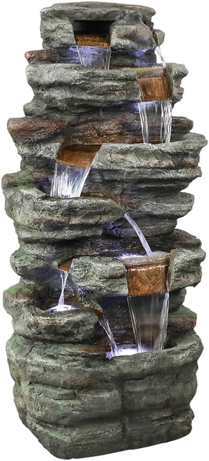 48''H 7-Tier Outdoor Garden Water Fountain Decor, Outdoor Resin Fountain with LED Light for Garden, Floor Patio, Deck, Porch, Backyard and Home Art Decor (48inch)