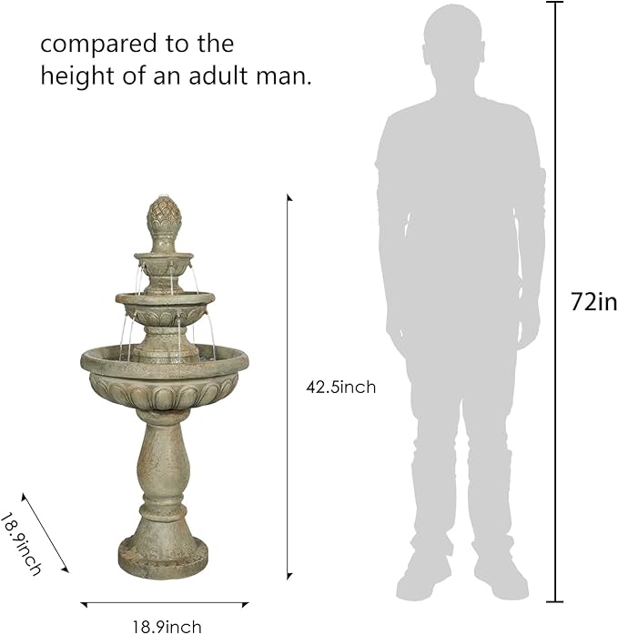 42.5" H Traditional Outdoor Water Fountain with Pineapple Finial – Classic Garden Décor with Flowing Cascade and Antique Stone Finish for Patios, Lawns, and Courtyards