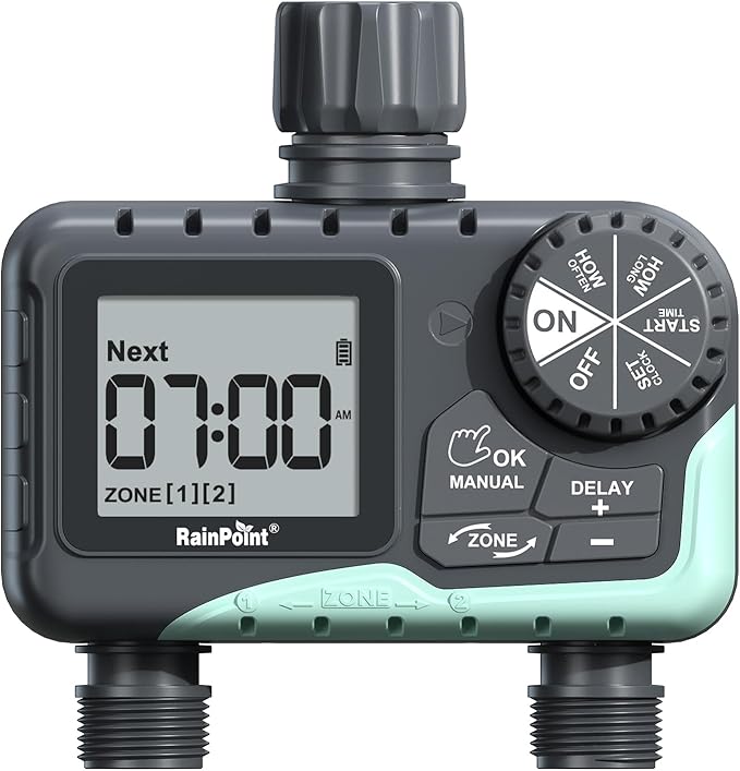 RAINPOINT Water Timer for Garden Hose - 2 Zone Sprinkler Timer with Rain Delay/Manual Watering/Automatic Irrigation for Yard Lawn