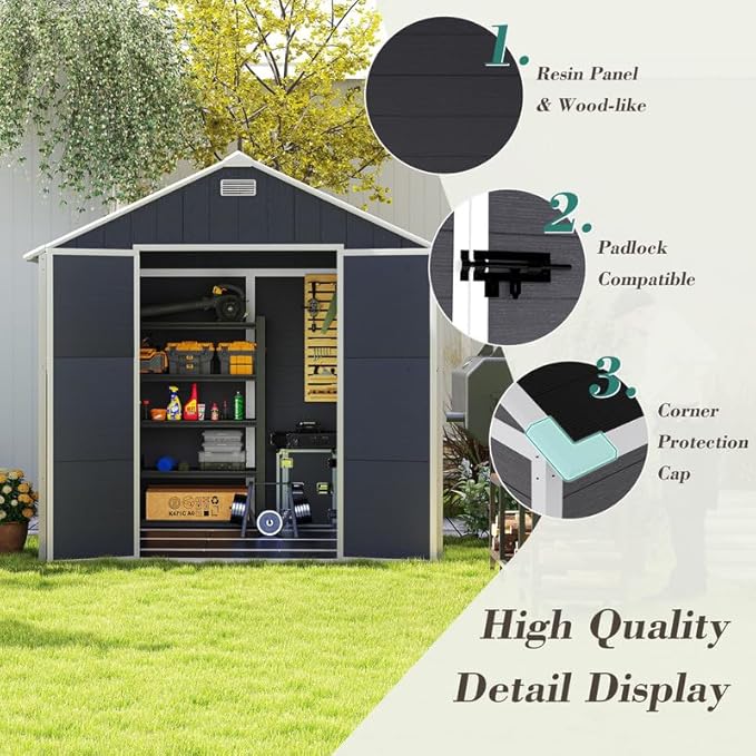 8x8 FT Resin Outdoor Storage Shed with Floor and Window, Outside Waterproof Plastic Garden Sheds w/Lockable Door & Vents, All-Weather Tool House for Patio, Backyard, Lawn, Dark Gray