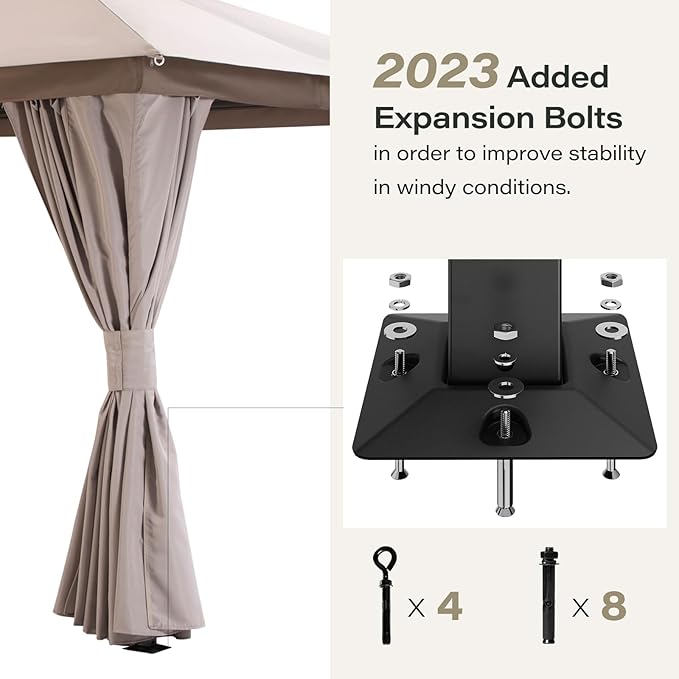 LAUSAINT HOME Outdoor Patio Gazebo 10'x10' with Expansion Bolts, Heavy Duty Party Tent & Shelter with Double Roofs, Mosquito Nettings and Privacy Screens for Backyard, Garden, Lawn, Khaki