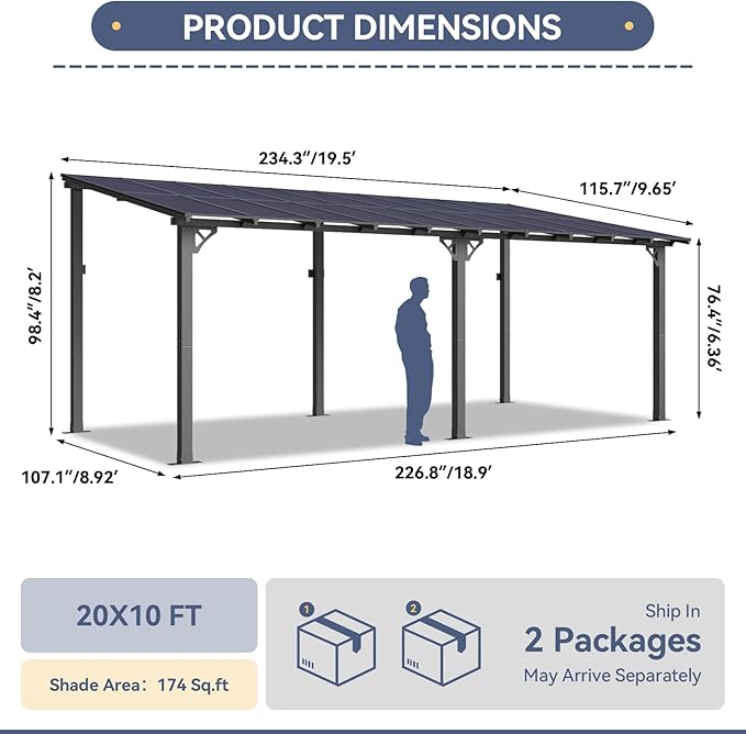 10x20FT Lean to Gazebo, Hardtop Metal Pergola with Polycarbonate Roof, Large Wall Mounted Heavy Duty Awnings, Patio Canopy for Backyard, Deck, Porch （Black）