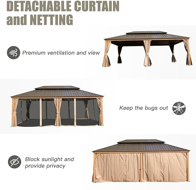 Domi 14'x22' Hardtop Gazebo Canopy,Outdoor Aluminum Gazebo with Galvanized Steel Double Roof, Extra Large Permanent Gazebo Pavilion for Patio Deck Backyard,Curtain and Netting,Wood Grain