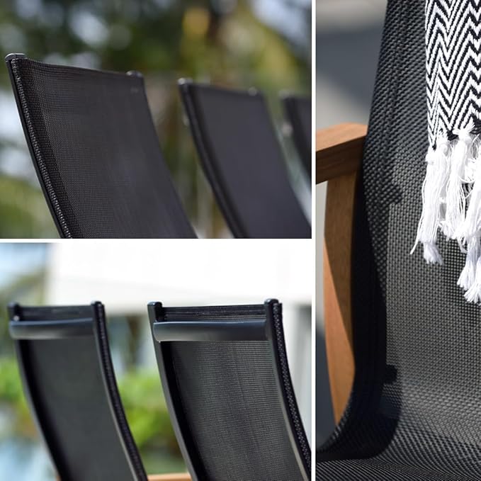 Amazonia Bahamas Armchairs| Black and Quick dry Sling Chairs | Teak Finish | Durable and Ideal for Indoors and Outdoors (Set of 4), Round 5-Piece
