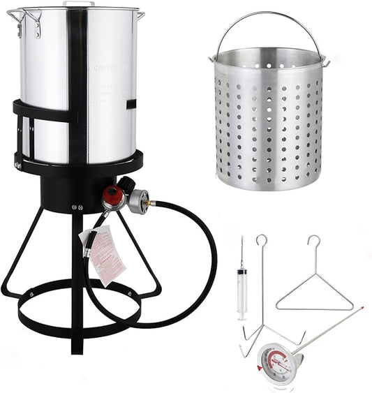 30 Qt.Turkey Deep Fryer Pot Set,Seafood Boil Pot with 55,000BTU Propane Burner,2-Pcs Cooker Sets, Turkey Fryer w/Basket for Outdoor, Aluminum Tripod Stove Rack,Steamer for Cooking Crawfish and Crab
