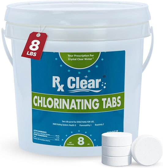 Rx Clear 3" Inch Chlorine Tabs | 8 Pounds | Individual Stabilized Chlorinating Tablets for Sanitizing Swimming Pools | Long Lasting, Slow Dissolving, and UV Protected