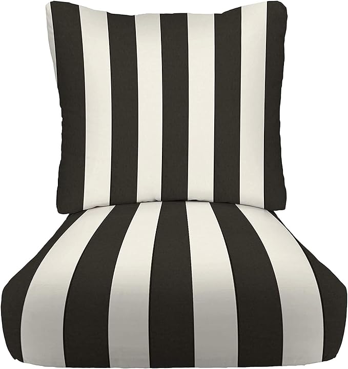RSH DECOR Deep Seating Cushion with Pillow Back | 24” x 26” x 5" Seat | Water and Fade-Resistant Spun Fabric | Made in USA | Outdoor Chair Cushion Set for Patio Furniture (Black & White Stripe)