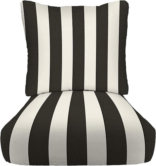 RSH DECOR Deep Seating Cushion with Pillow Back | 23” x 25” x 5" Seat | Water and Fade-Resistant Spun Fabric | Made in USA | Outdoor Chair Cushion Set for Patio Furniture (Black & White Stripe)