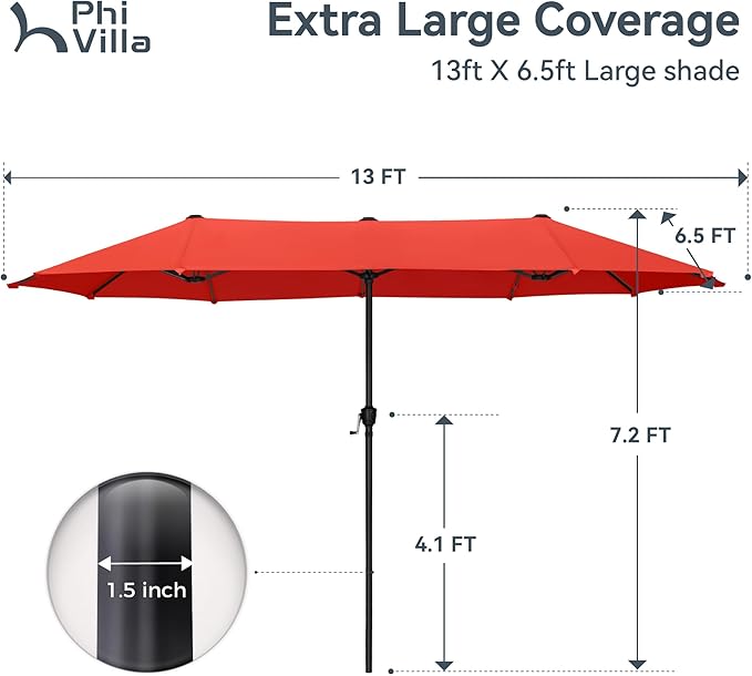 PHI VILLA 13ft Outdoor Market Umbrella Double-Sided Twin Large Patio Umbrella with Crank, Orange Red