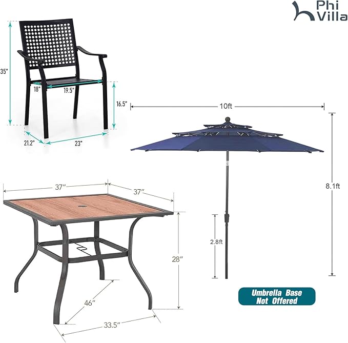 PHI VILLA 5 Pieces Patio Dining Set for 4 with 10ft Patio Umbrella, Metal Outdoor Stackable Wrought Iron Chair Set of 4 & 37" Metal Wood-Like Dining Table,3 Tier Vented Market Table Beige Umbrella