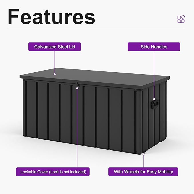 PURPLE LEAF Outdoor Deck Box 100 Gallon Waterproof Lockable Storage Box Container with Lid Deck Organization for Patio Cushions Side Table Pool Accessories Garden Tools, Gray