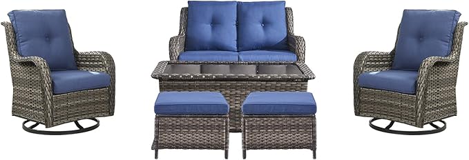 Rilyson 6 Piece Outdoor Patio Furniture Set - Rattan Wicker Patio Conversation Sets with 2 Swivel Rocker Chairs,2 Ottomans,1 Loveseat and 1 Coffee Table for Outside Porch Deck Yard(Mixed Grey/Blue)