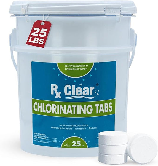 Rx Clear 3" Inch Chlorine Tabs | 25 Pounds | Individual Stabilized Chlorinating Tablets for Sanitizing Swimming Pools | Long Lasting, Slow Dissolving, and UV Protected