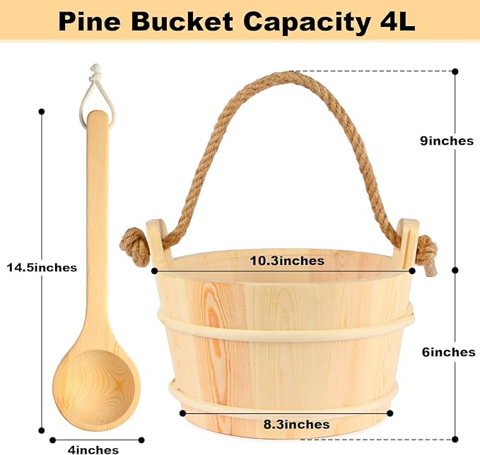 Sauna Bucket and Ladle Set,1Gallon Sauna(4 liters) Bucket and 14.5″Sauna Ladle,Sauna Accessories Handmade from Premium Pine Wood (Pine Wood 4L)