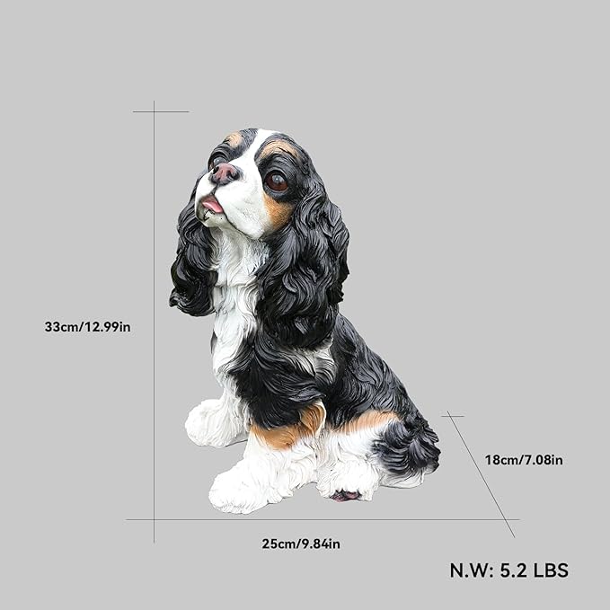 Cavalier King Charles Spaniel Outdoor Dog Statue with Reversible “Welcome/ON Patrol” Hanging Plaque and Solar Porch Lantern, Black & White Sitting