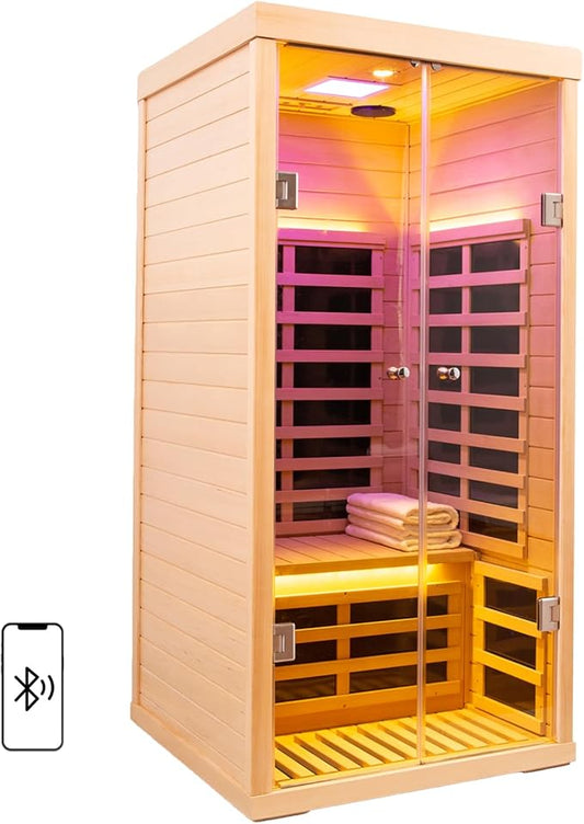 1 Person Infrared Sauna for Home Deluxe Transparent Large Glass Hemlock Wood Low EMF FAR Infrared Sauna, 1420 watts 7 Heating Panels Indoor Personal Saunas with Blue-Tooth, LCD Display