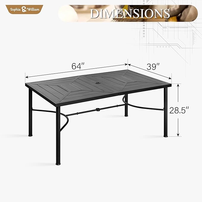 Sophia & William 64" Large Outdoor Dining Table, Rectangular Metal Patio Table for 6, E-Coating Weather-Resistant Dining Table with 1.77" Umbrella Hole for Garden Porch, Black
