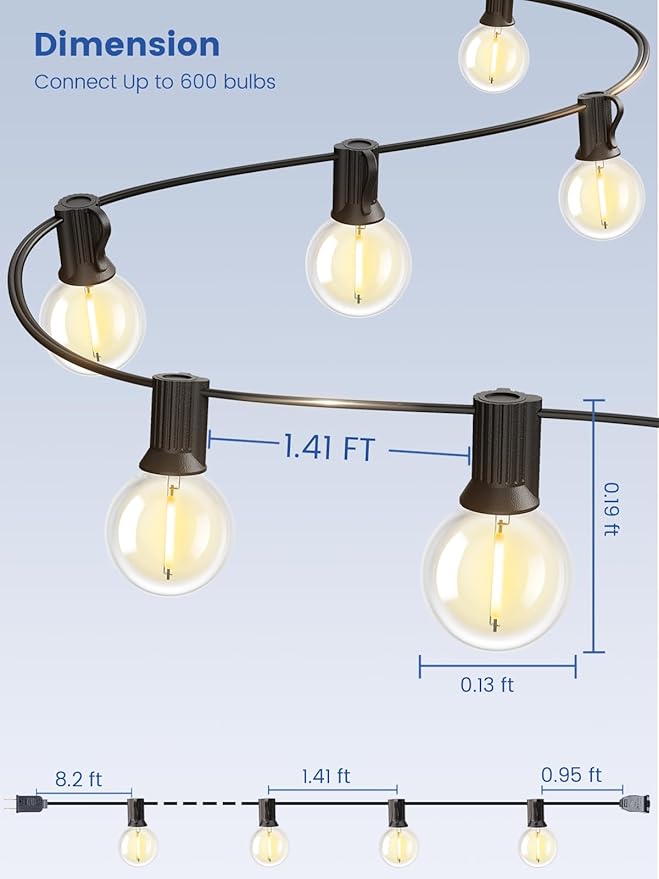 String Lights for Outdoor 25 ft, G40 Patio Lights with 13 pcs Bulbs, Shatterproof Waterproof Outdoor Lights Hanging Connectable Globe Outdoor Lights for Bistro, Cafe, Backyard, Balcony, Party, Black